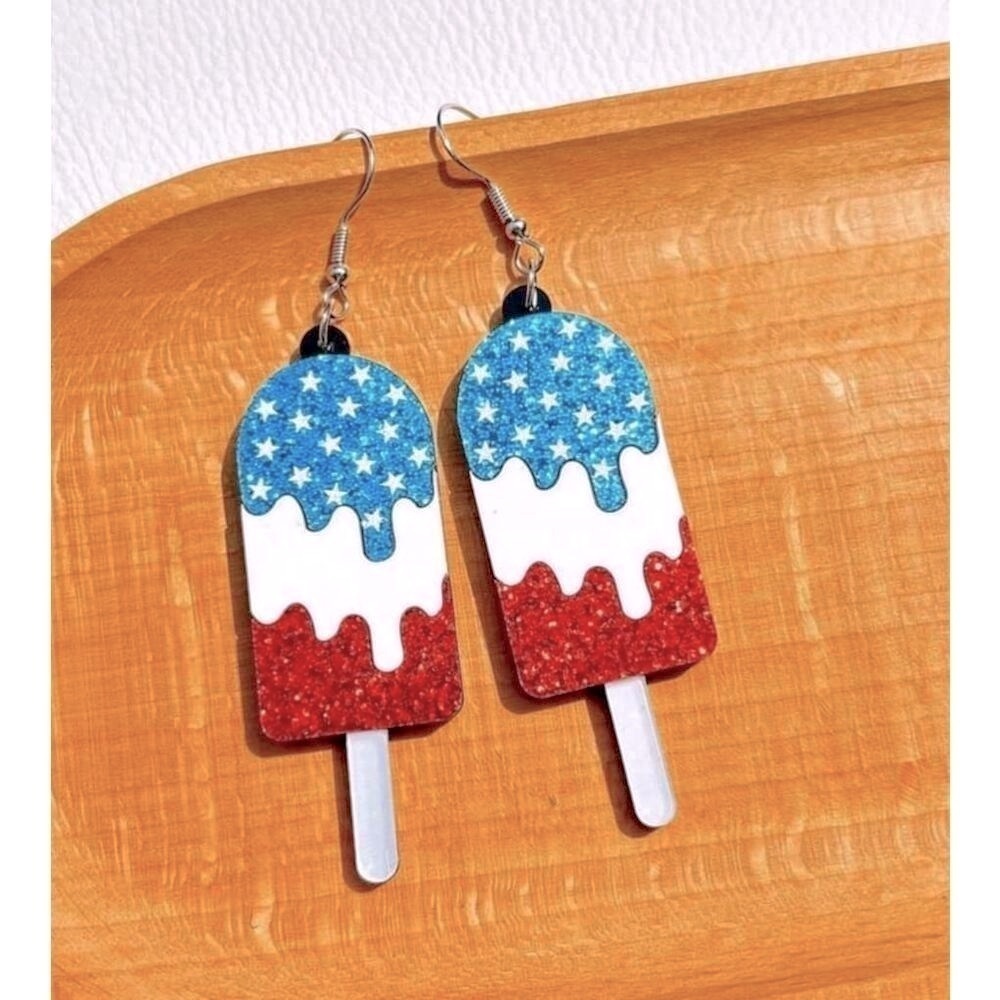Red, White and Blue Stars Glitter Popsicle Dangle Earrings